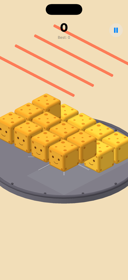 Gameplay: cheese blocks stacking up on a spinning tray
